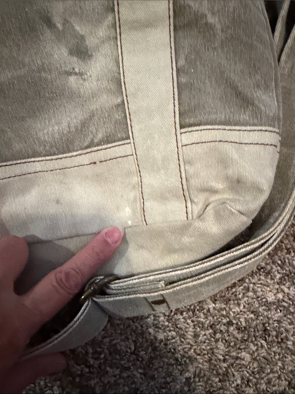 Mona B Recycled Canvas Crossbody Tote in Light Gray and Cream with Brown Trim - Picture 6 of 6